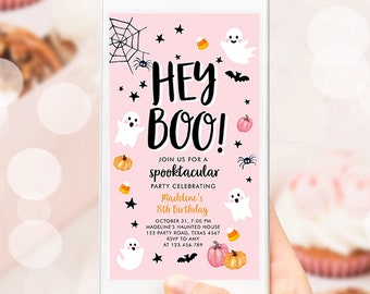 Plantilla digital editable de Evite para teléfono con diseño de fantasma rosa para fiesta de cumpleaños de Halloween, niña, niños, espeluznante y terrorífico.