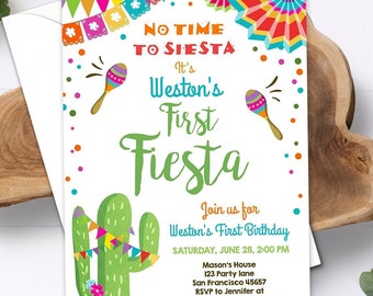 Editable First Fiesta Birthday Invitation Let's Fiesta No Time To Siesta Cactus Mexican Boy Cactus Digital Download Template Printable 0045