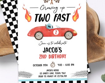 Editable Racing Car Birthday Invitation Growing Up Two Fast Invite Second Birthday 2nd Boy Digital Download Template Printable 0424