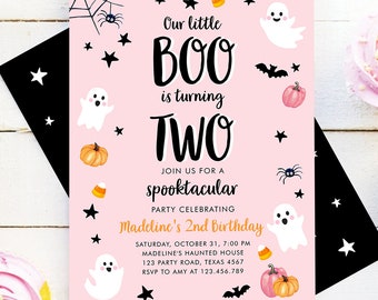 Editable Halloween 2nd Birthday Invitation Pink Ghost Costume Party Girl Pink Boo Spooktacular Spooky Digital Evite Template Printable 0418