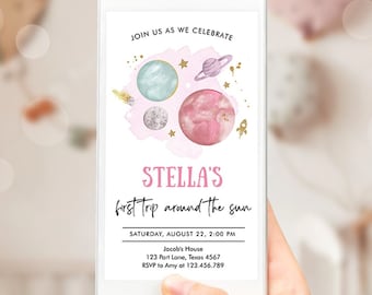 Editable Outer Space First Birthday Invitation Galaxy Blast Off First Trip Around the Sun Phone Digital Download Evite Template 0357