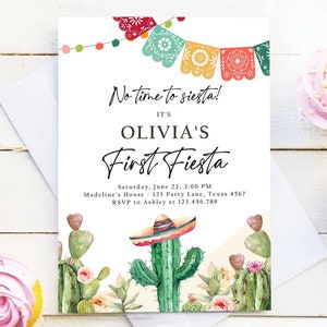 Editable No time to Siesta First Fiesta Invitation Birthday Mexican Cactus Succulent Floral Girl Digital Download Template Printable 0404