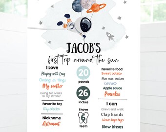 Editable Outer Space Birthday Milestones Sign Trip Around the Sun Boy 1st Birthday Astronaut Galaxy Planets Digital Template Printable 0366