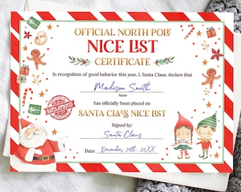 Certificado de la Lista de Buenos de Papá Noel Oficial, Carta Editable de Papá Noel de la Oficina de Nochebuena del Polo Norte Plantilla Digital Imprimible 0358