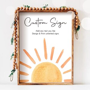 Letrero personalizado editable Signo solar Decoraciones de cumpleaños solares Fiesta de la primera vuelta al sol Plantilla digital imprimible 0431
