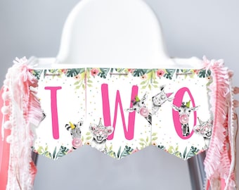 High Chair Banner Safari Animals Pink Party Animals Two Wild Girl Second Birthday 2nd Decorations TWO Banner Digital Download Printable 0322