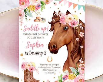 Editable Horse Birthday Invitation Girl Saddle Up Watercolor Cowgirl Party Horse Invite Pink Floral Digital Template Printable  0408