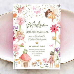 May include: A pink and green fairy-themed first birthday party invitation with gold glitter and butterflies. The invitation says "Madison You Are Magical Join us to celebrate Madison turning one The Anderson's Garden Saturday, June 22, 2:00 pm 123 Party Lane, Texas 4567 RSVP to Ashley at 123.456.789"