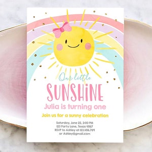 Editable Sunshine and Rainbow Birthday Invitation Pastel Rainbow Birthday Sunshine 1st Birthday Party Girl Digital Template Printable 0402