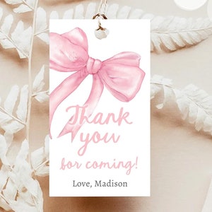 Bearbeitbare Rosa Schleife Favor Tag Band Geburtstag Babyparty Danke Geschenk Mädchen Preppy Kokette Aquarell Digitale Vorlage Printable 0527
