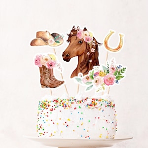 Topper per torta a forma di cavallo stampabile, centrotavola a forma di cavallo, sella, acquerello, cowgirl, festa, pony, decorazione di compleanno, floreale, download digitale 0408
