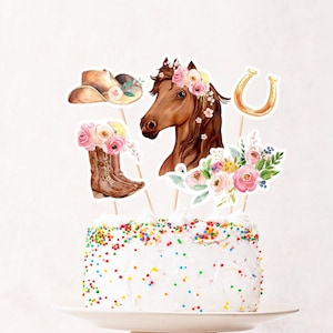 Printable Horse Cake Topper Horse Centerpieces Saddle Up Watercolor Cowgirl Party Girl Pony Birthday Decoration Floral Download Digital 0408