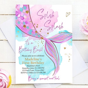 Editable Mermaid Birthday Party Invitation Girl Pink Purple Gold Mermaid Birthday Under The Sea Digital Download Template Printable 0403