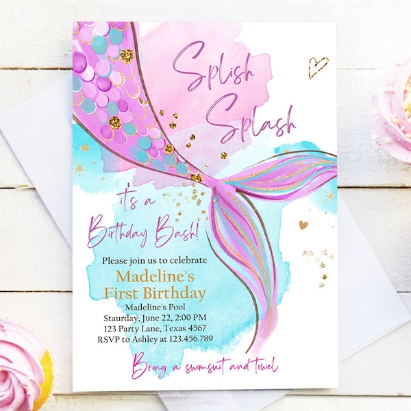 Editable Mermaid Birthday Party Invitation Girl Pink Purple Gold Mermaid Birthday Under The Sea Digital Download Template Printable 0403