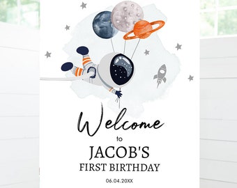 Editable Outer Space Birthday Welcome Sign 1st Birthday Boy Galaxy Planets Trip Around the Sun Astronaut Digital Template Printable 0366