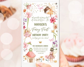 Editable Fairy First Birthday Evite Electronic Fairy Garden Fairy Forest Girl 1st Birthday Magical Phone Digital Download Template 0406