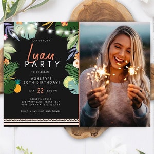Editable Tropical Luau Birthday Invitation Tropical Party Adult Birthday Man Woman Leaves Hawaiian Download Evite Template Printable 0183