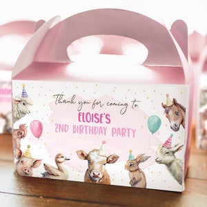 Editable Farm Animals Gable Gift Box Label Pink Farm Birthday Girl Treat Box Party Animals Barnyard Party Digital Template Printable 0448