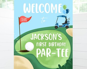 Editable Golf Birthday Welcome Sign 1st Birthday Boy Hole in One Party First Birthday Par-Tee Golfing Golf Digital Template Printable 0405