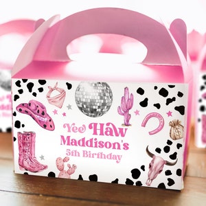 Editable Space Cowgirl Birthday Party Gable Box Favor Label Disco Cowgirl Gift Box West Nashville Rodeo Pink Digital Template Printable 0455