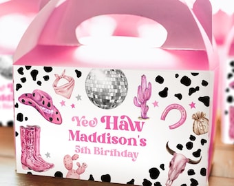 Editable Space Cowgirl Birthday Party Gable Box Favor Label Disco Cowgirl Gift Box West Nashville Rodeo Pink Digital Template Printable 0455