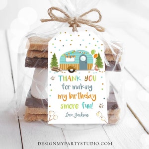 Editable S&#39;more Fun Tags Thank you Happy Camper Birthday Party Favor Tags Smore Fun Camping Boy Adventure Template Digital Printable 0342