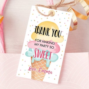 Editable Ice Cream Favor Thank You Tag Ice Cream Birthday Party Girl Pink Yellow Mint Gift Goodie Bag Label Digital Template Printable 0243
