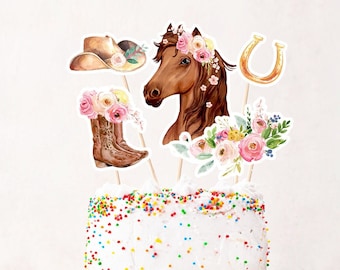 Imprimible caballo pastel topper caballo centros de mesa ensillar acuarela vaquera fiesta chica pony cumpleaños decoración floral descargar digital 0408