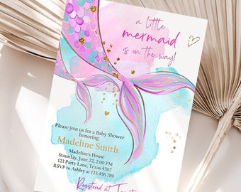 Editable Mermaid Baby Shower Invitation Little Mermaid Girl Under The Sea Baby Shower Pink Purple Download Printable Template Corjl 0403