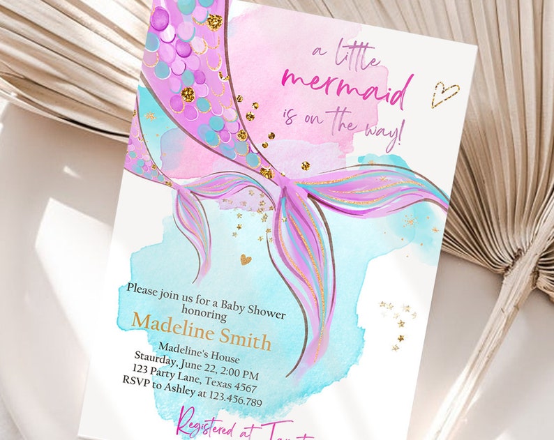 Editable Mermaid Baby Shower Invitation Little Mermaid Girl Under The Sea Baby Shower Pink Purple Download Printable Template