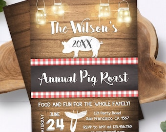 Editable Pig Roast Invitation Rustic Wood Backyard Barbecue BBQ Birthday Family Party Shower Vintage Outdoor Digital Template Printable