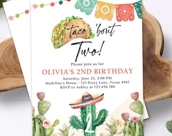 Editable Taco Bout Two Birthday Invitation Girl Boy ANY AGE Fiesta Mexican 2nd Second Birthday Digital Download Template Printable 0404