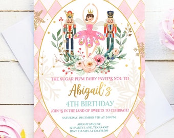 Editable Nutcracker Birthday Invitation Ballet Christmas Birthday Invite Pink Girl Sugar Plum Fairy Digital Download Template Printable 0352