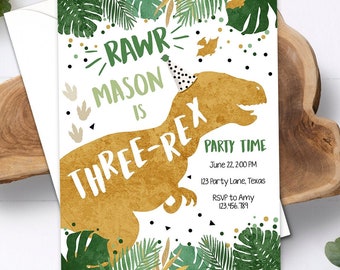 Editable Three-Rex Dinosaur Birthday Invitation Dino T-Rex Third Birthday 3rd Digital Download Prehistoric Printable Evite Template 0146