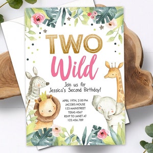 Editable Two Wild Birthday Invitation Girl Animals Invite Party Jungle Safari Pink Gold Zoo Digital Download Evite Template Printable 0163
