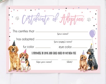 Pet Adoption Certificate Puppy Adoption Dog Birthday Party Adopt A Pet Girl Pink Vet Puppy Adoption Instant Download Digital Printable 0384