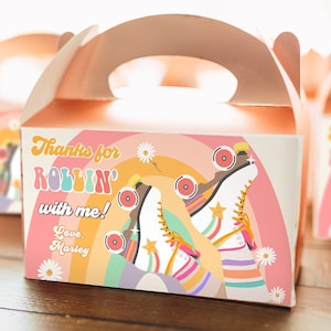 Editable Retro Skate Birthday Party Gable Box Favor Label 70&#39;s Gift Box Labels Skating Party Rolling Roller Download Template Printable 0435