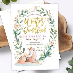 Editable Winter ONEderland Birthday Invitation Deer First Birthday Snowflakes Girl Pink Gold Digital Download Evite Template Printable 0265