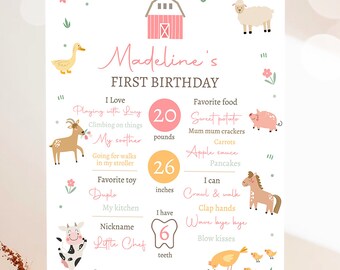 Editable Farm Animals Birthday Milestone Sign Girl Pink Farm Minimalist Barnyard Bash Barnyard Sign Floral Digital Template Printable 0436