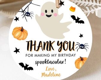 Editable Halloween Birthday Thank You Favor Tags Costume Party Girl Pink Spooktacular Ghost Stickers Digital Template Printable 0418