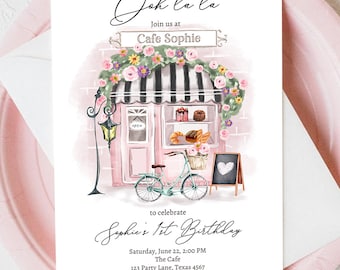 Editable Paris Birthday Invitation Girl Tea Party Invite Pink Floral French Parisian Cafe Patisserie Digital Evite Template Printable 0441