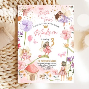 Bewerkbare Fairy verjaardagsuitnodiging meisje roze paarse bloemen Pixie Fairy Party grillige tuin digitale download Evite sjabloon afdrukbare 0406