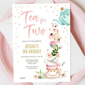 Editable Tea for Two Birthday Invitation Girl Tea Party Invite Pink Gold Floral Peach Pink Digital Download Evite Template Printable 0349