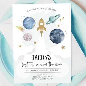 Editable Outer Space First Birthday Invitation Galaxy Blast Off First Trip Around the Sun Digital Download Evite Template Printable 0357