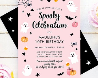 Invitación editable para fiesta de Halloween: fiesta de disfraces de fantasma rosa, cumpleaños de Halloween, plantilla digital imprimible Spooktacular Pink Evite 0418