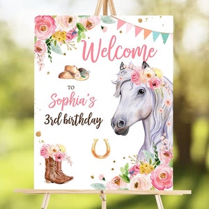 Bearbeitbares Pferd Geburtstag Willkommensschild Pony Geburtstag Willkommensschild Cowgirl Party Blumenmädchen Pferd Digitaler Download Vorlage Printable 0408