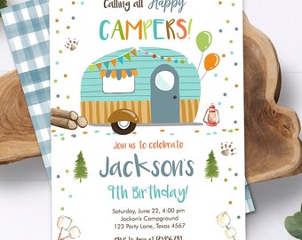 Editable Happy Camper Birthday Invitation Boy Birthday Camping Party S'more Forest Glamping Digital Download Evite Template Printable 0342