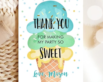 Editable Ice Cream Thank You Card Ice Cream Birthday Thank You Note Boy Birthday Summer Digital Download Template Printable 0243