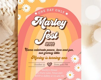 Editable Music Festival Birthday Party Invitation Floral Fest Birthday Seventies Groovy Peace Love Digital Evite Template Printable 0428