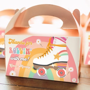 Editable Retro Skate Birthday Party Gable Box Favor Label 70&#39;s Gift Box Labels Skating Party Rolling Roller Download Printable Corjl 0435